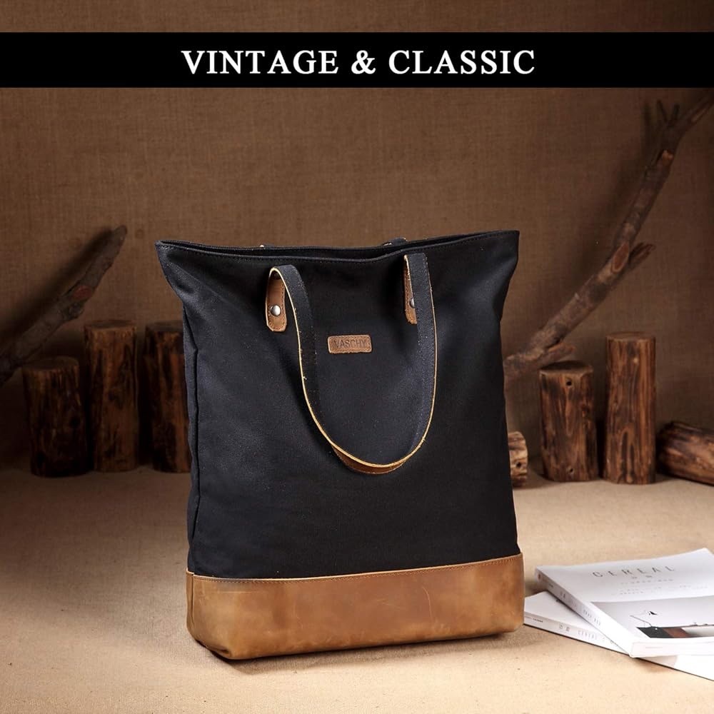 VASCHY Women Leather Canvas Tote Water Resistant Vintage Large ShopperWork Black